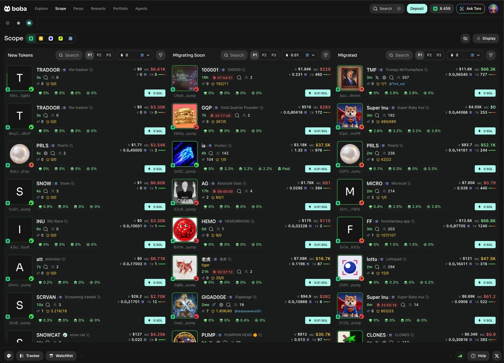 Boba Scope, showing new, migrating and migrated tokens in live columns