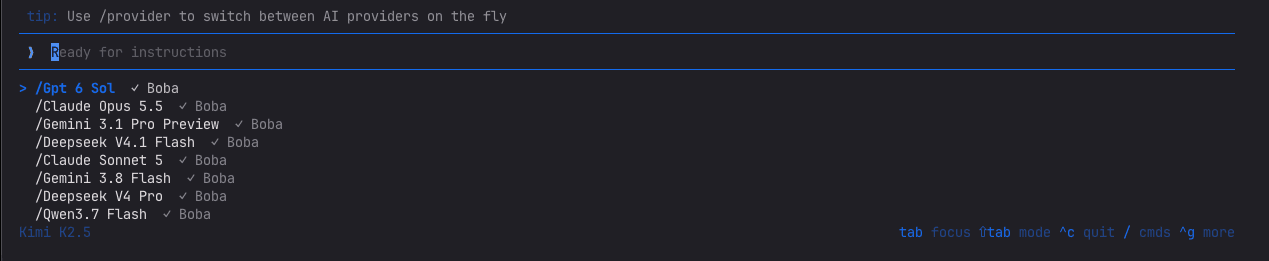 Switching between AI models from inside the Boba CLI
