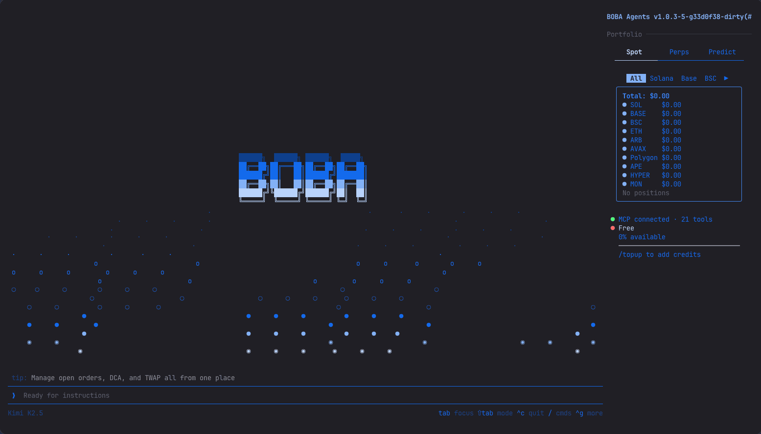 The Boba CLI's terminal interface, with the portfolio panel and MCP connected with 21 tools